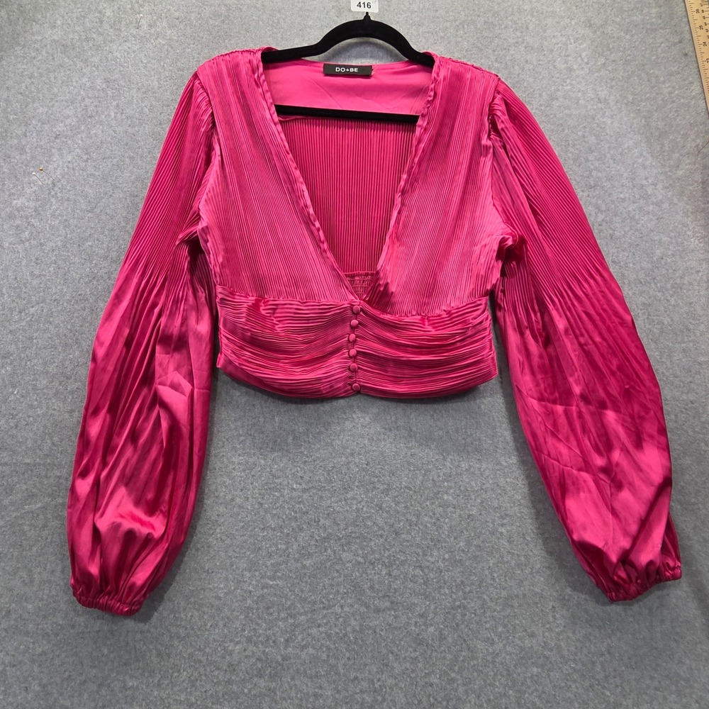 DO+BE Hot Pink Pleated V-Neck‎ Crop Top Smocked Back Balloon Sleeve Medium